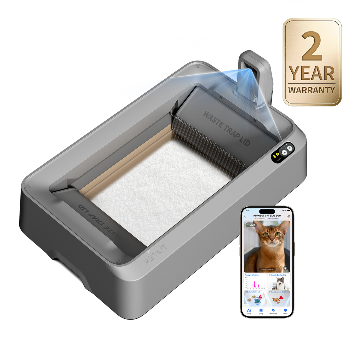 Grijze PETKIT Purobot Crystal Duo automatische kattenbak met AI-camera – afbeelding 1